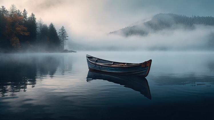 Poster A lake surrounded by trees and fog at sunset