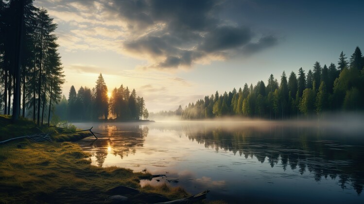 Plakát A lake surrounded by trees and fog at sunset