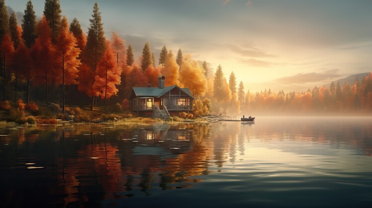 Poster A landscape with a house on a lake