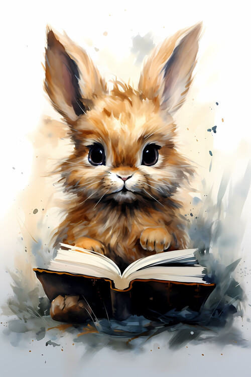 Poster Cute bunny rabbit reading book