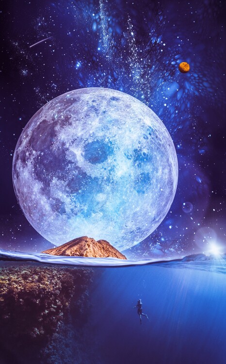 Poster Giant moon over the ocean