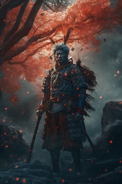 Poster Japanese Samurai in Burning Forest
