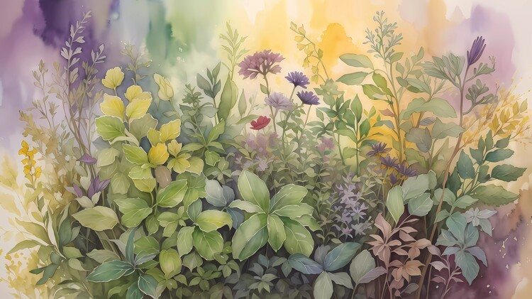 Poster Watercolor Painting of Assorted Herbs and Plants