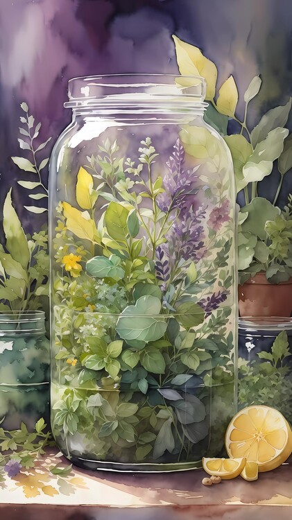 Poster Watercolor Painting, Herbs and Plants in a Jar, Garden