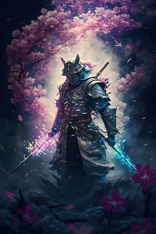 Poster Japanese Samurai in Cherry Blossom Trees
