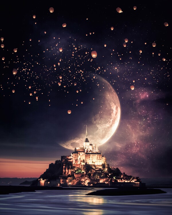 Poster Mont Saint-Michel, Moon and Chinese Lanterns