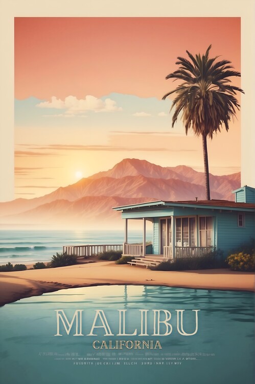 Poster Golden Waves: Vintage Travel Poster of Malibu