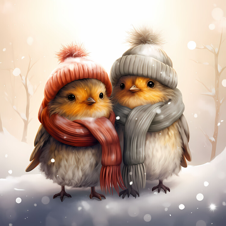 Bild auf Leinwand Cute robin bird couple in winter