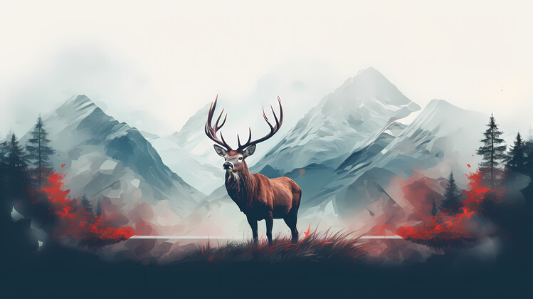 Poster Red Deer and mountains