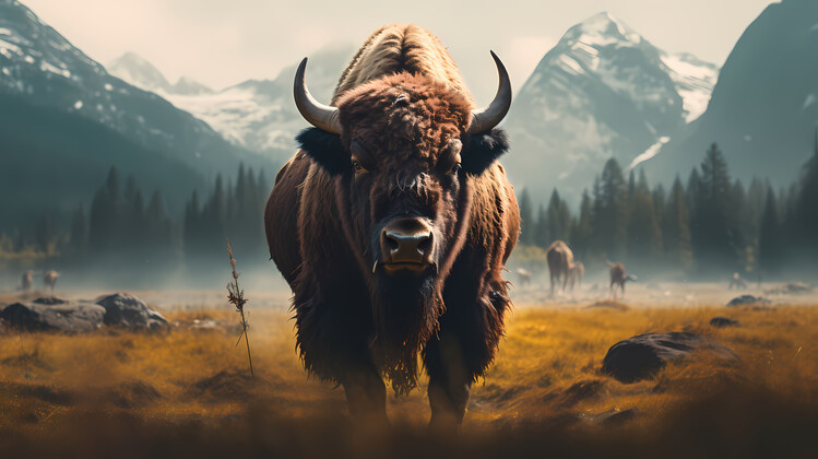 Poster Bison in Mountains