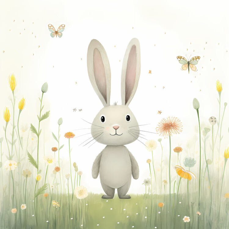 Poster Cute bunny in flower garden