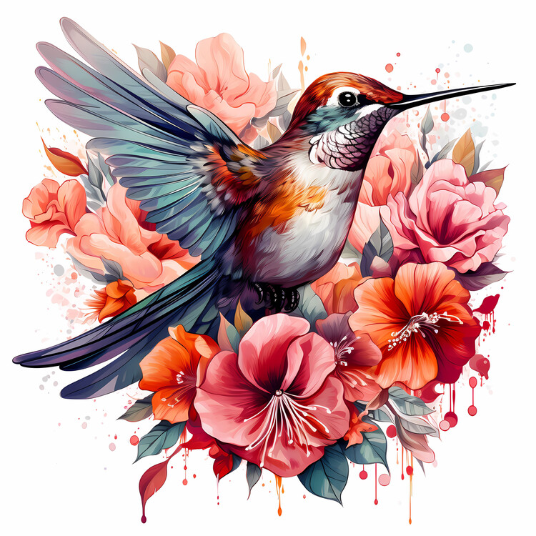 Plakat Hummingbird and flowers, watercolor illustration