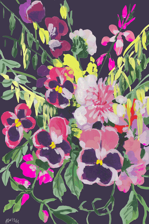 Poster Pink Pansies On Dark Purple