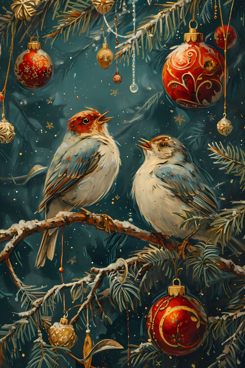 Poster Two birds in a Christmas Tree
