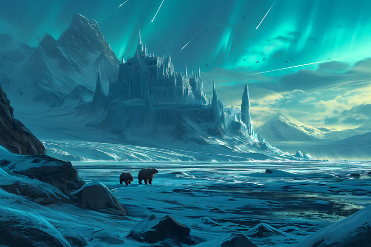 Poster Polar bears walking up to ice castle