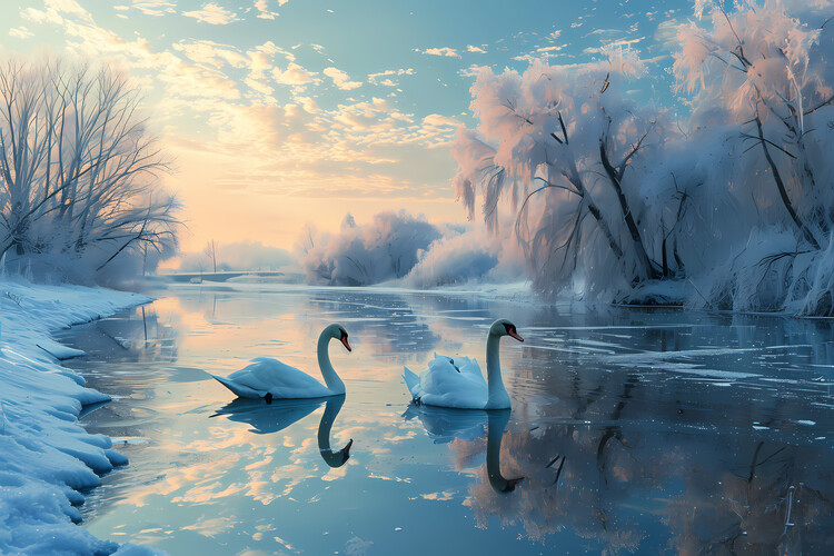 Poster Beautiful Swans on winter lake