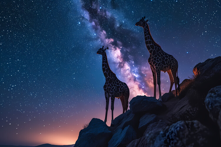 Poster Giraffes during night time