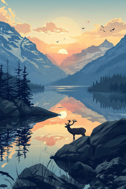 Poster Illustration of a landscape with a deer