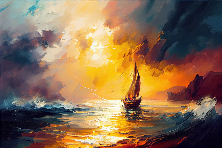 Poster Seascape painting, sailboat at sea on canvas, art prints