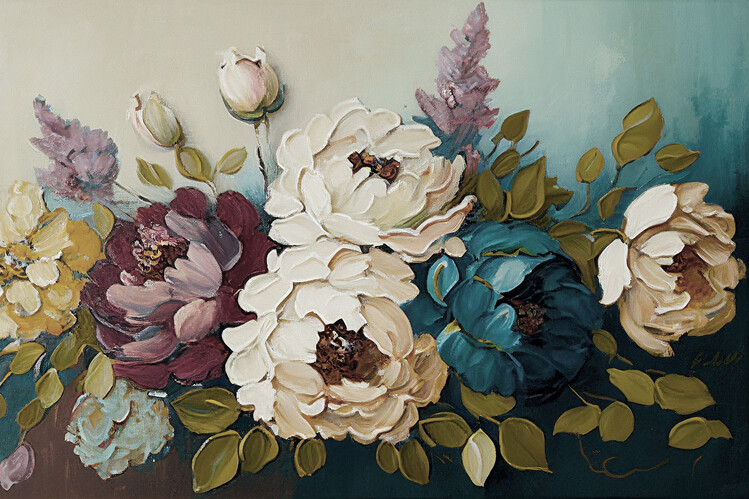 Poster vintage flowers painting on horizontal canvas, online prints