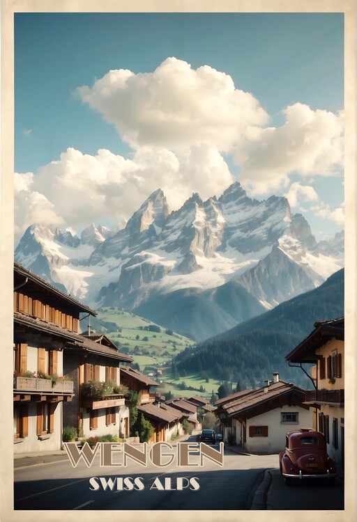 Plagát Wengen Vintage Travel Poster - Swiss Alps Art