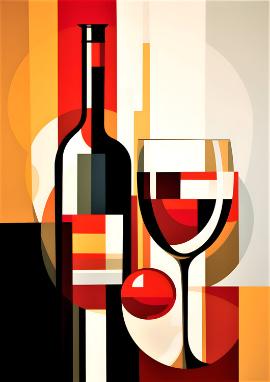 Poster Abstract Bauhaus Style Red Wine Bottle and Glass Wall Art