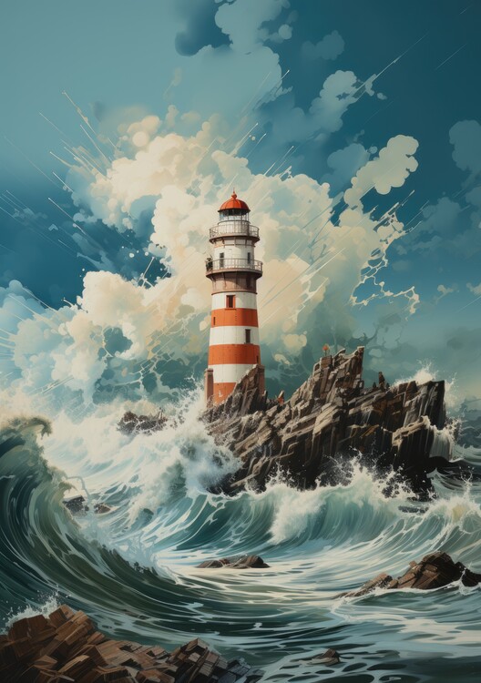 Plakat Leuchtturm Meer Wellen Poster Maritim Kunstdruck