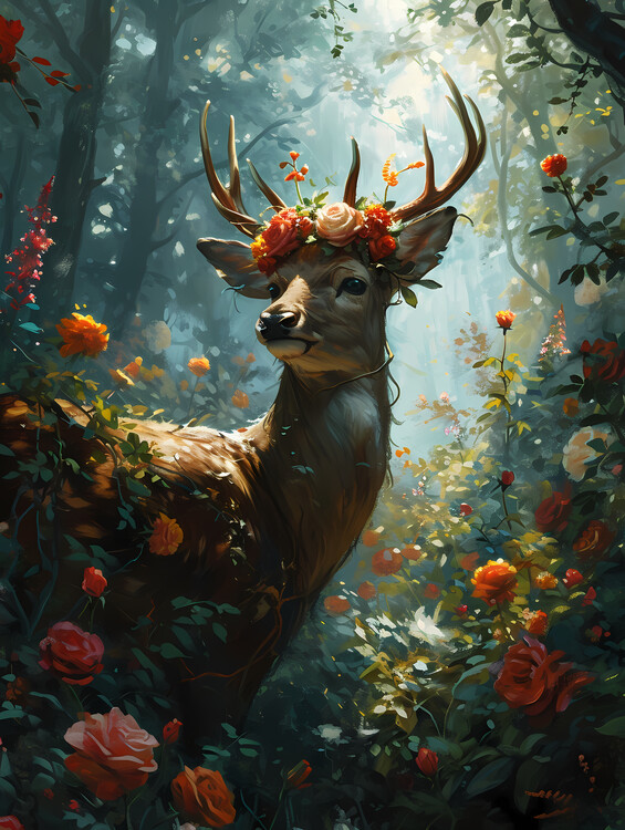 Poster A sika deer wearing a wreath