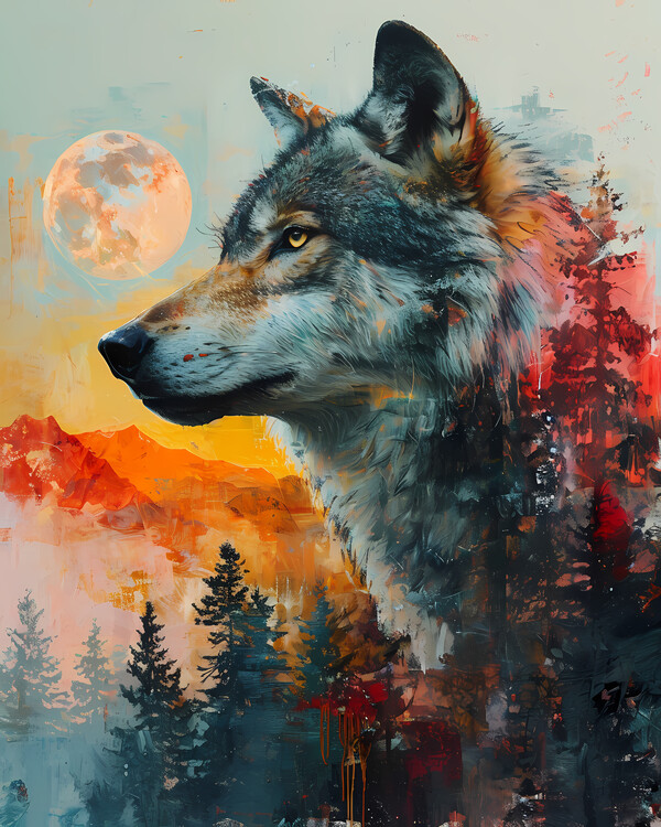 Poster A wolf in a colorful forrest