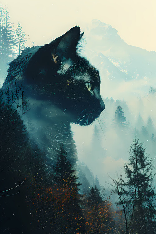 Poster Cat in double exposure of forest mountains