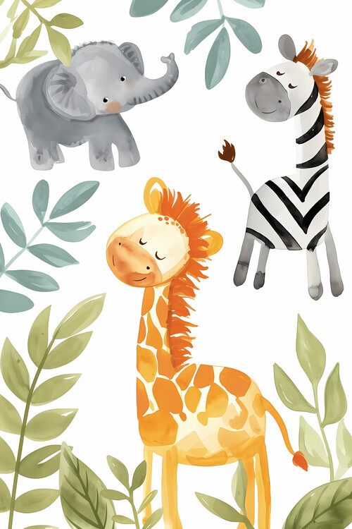 Poster Elephant, Giraffe and Zebra, nursery style