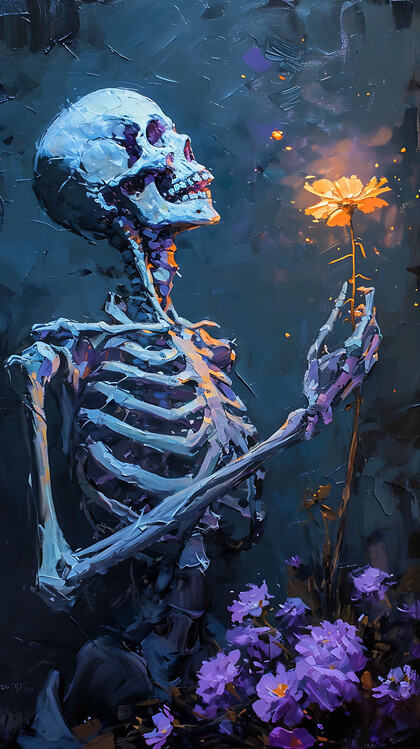 Poster Skeleton holding a glowing flower