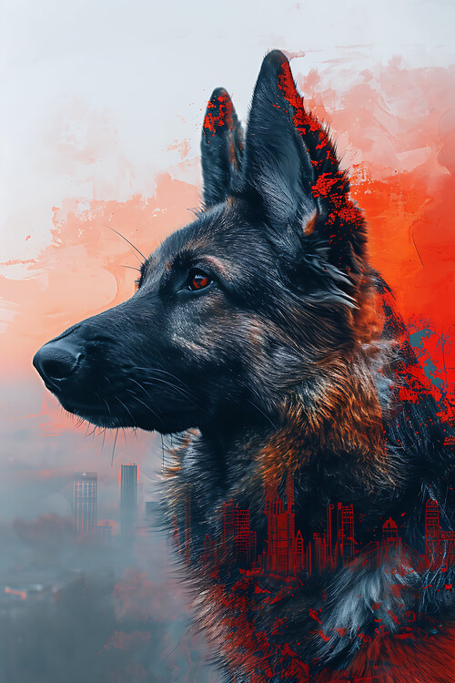Poster German shepher dog - Double exposure with a London silhuette