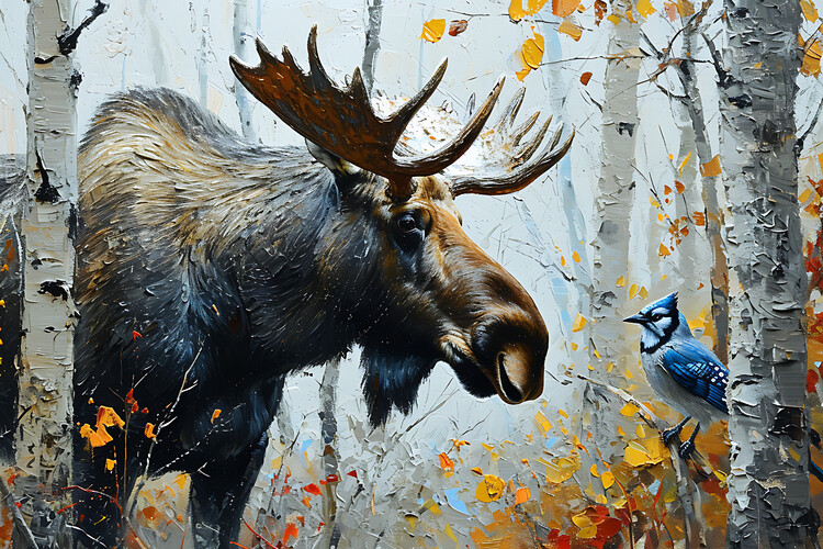 Poster Bull moose weaving thru birch trees, with a blue jay on a