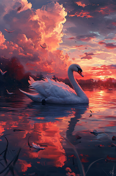 Poster A graceful swan drifting on a calm, mirror-like lake
