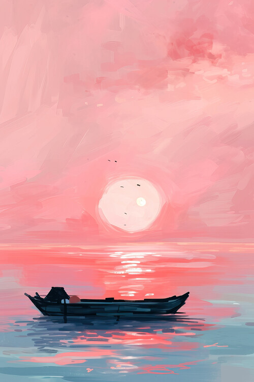Poster Boat in the middle of the sea at sunset
