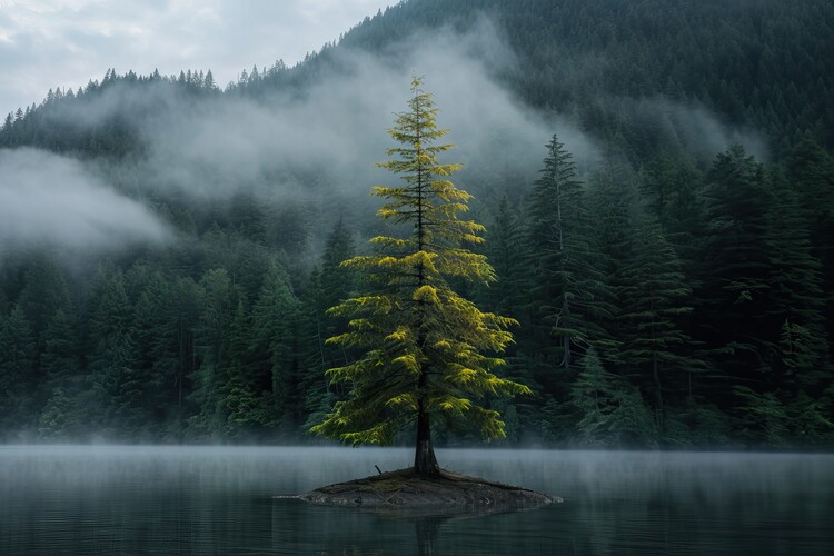 Poster Landscape of a fir tree in the middle of a lake with fog