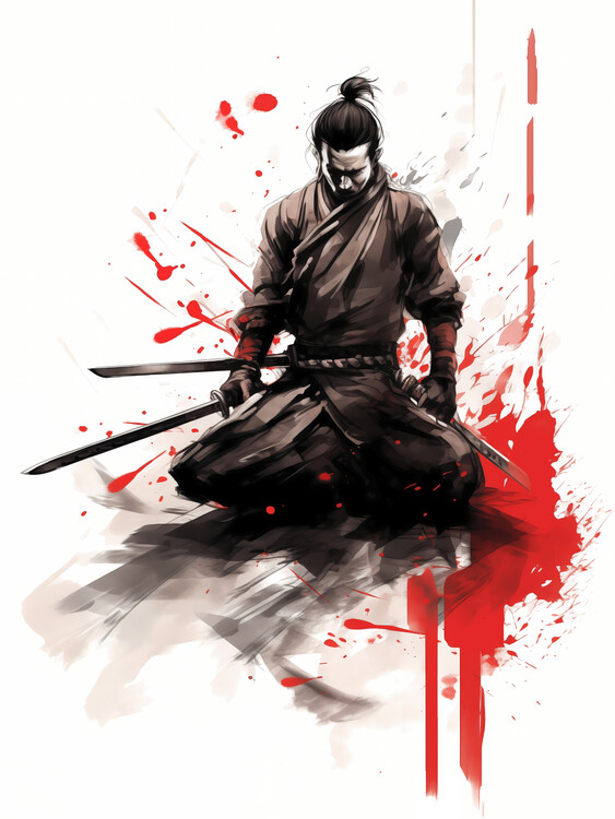 Poster Japanese Samurai Warrior Sumi-e