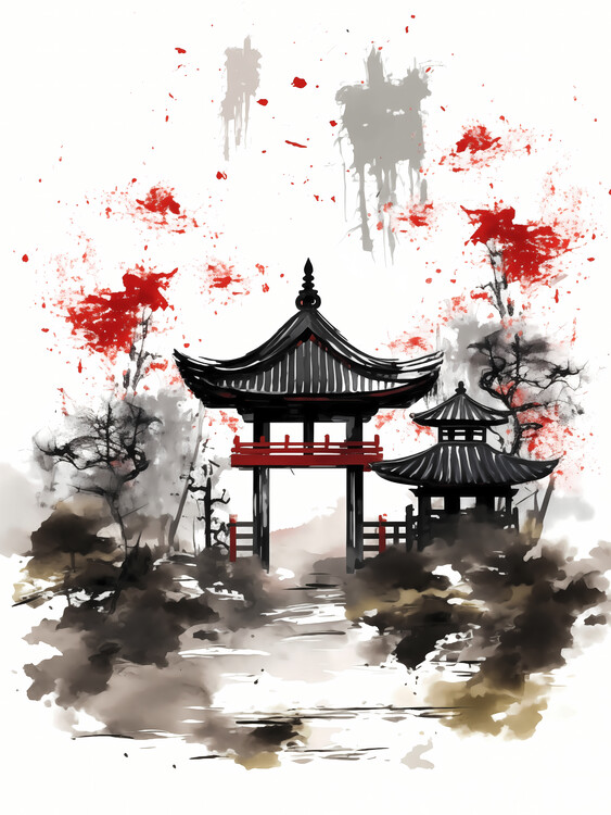 Плакат Japanese Shrine Sumi-e
