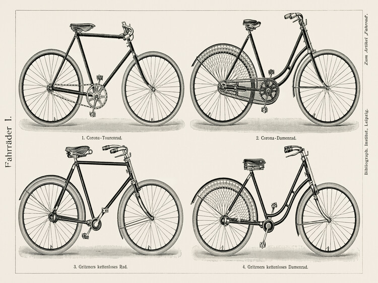 Poster Antique Illustration of Bikes / Bicycles (Vintage Academia)
