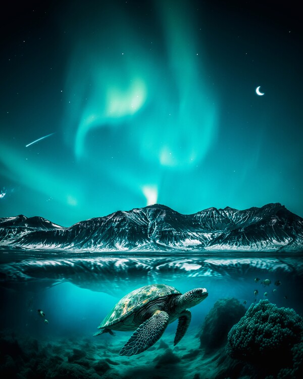 Poster Aurora borealis turtle underwater
