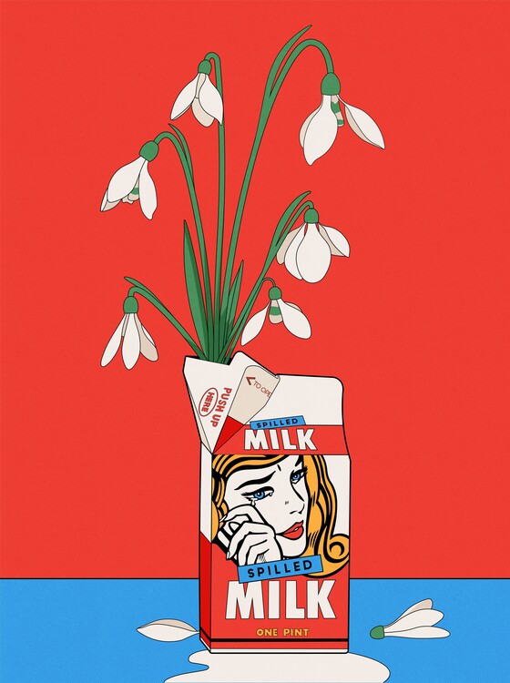 Poster Snowdrops in Spilled Milk Carton Retro Illustration