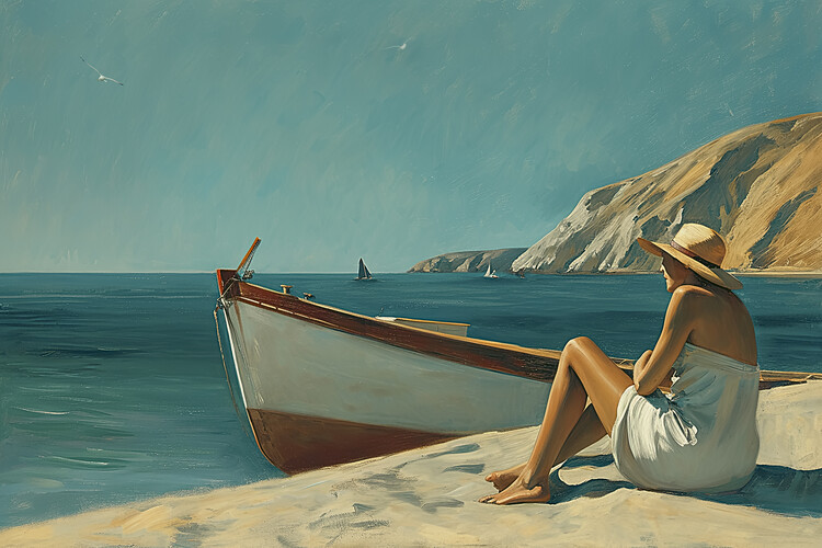 Poster Lady on the Beach in the style of Edward Hopper