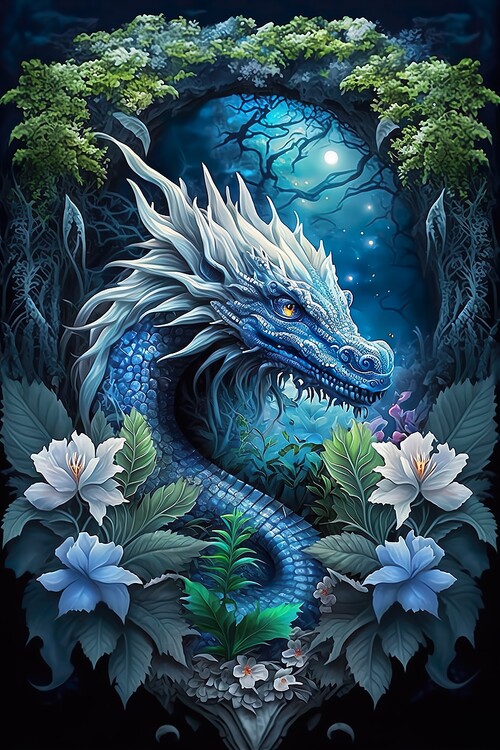 Canvas Print Mandala Jungle Blue Dragon