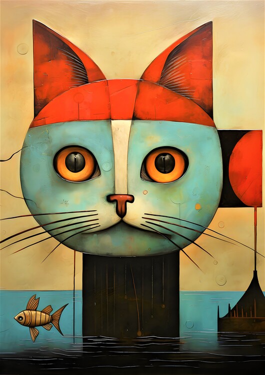 Poster Blue Cat, Red Hat, Small Fish