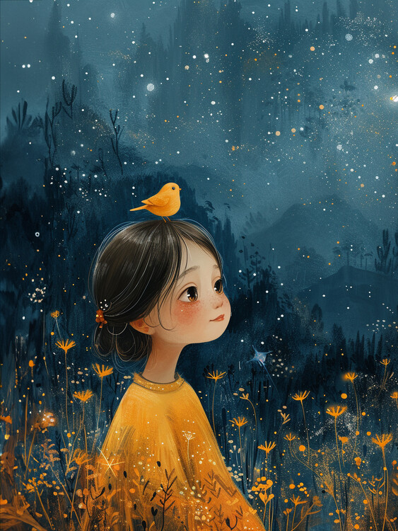 Poster Girl with a Bird looking in the Nightsky