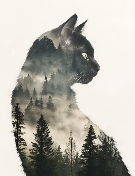Poster Double exposure Cat forrest