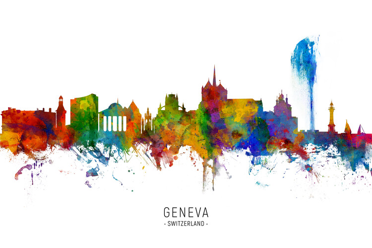 Плакат Geneva Switzerland Skyline Cityscape Painting Watercolor