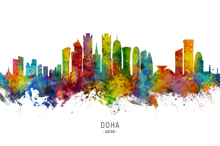 Плакат Doha Qatar Skyline Cityscape Painting Watercolor