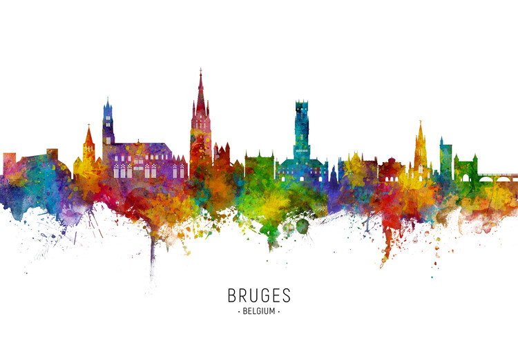 Плакат Bruges Belgium Skyline Cityscape Painting Watercolor
